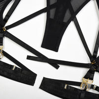 Black Solid Color Mesh Bra Set with Multi-Adjustable Straps Belt Details