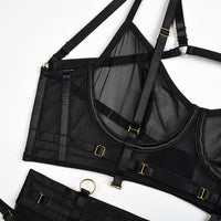 Black Solid Color Mesh Bra Set with Multi-Adjustable Straps Bra Details