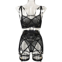 Black Solid Color Mesh Bra Set with Multi-Adjustable Straps Front View