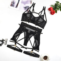 Black Solid Color Mesh Bra Set with Multi-Adjustable Straps Over View