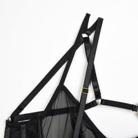 Black Solid Color Mesh Bra Set with Multi-Adjustable Straps Strapy Details