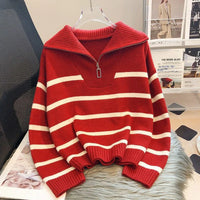 Women's Contrast Color Striped Sweater With Zipper