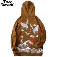 Hip Hop Hoodie Sweatshirt Men Streetwear Harajuku Japanese Kanji Crane Embroidery Hoodies Pullover Oversized Cotton Autumn