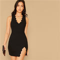 Black Scallop Trim Slit Thigh Fitted Dress Women Summer Autumn Slim Sexy Night Out Sleeveless Pencil Mini Party Dresses