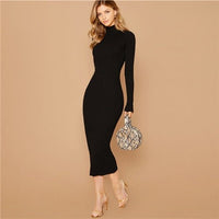 Black Stand Collar Ribbed Knit Bodycon Dress Women Autumn Solid Long Sleeve Office Ladies Form Fitted Pencil Long Dresses