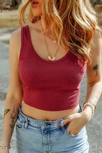 Red Ribbed Knit Sleeveless Crop Top